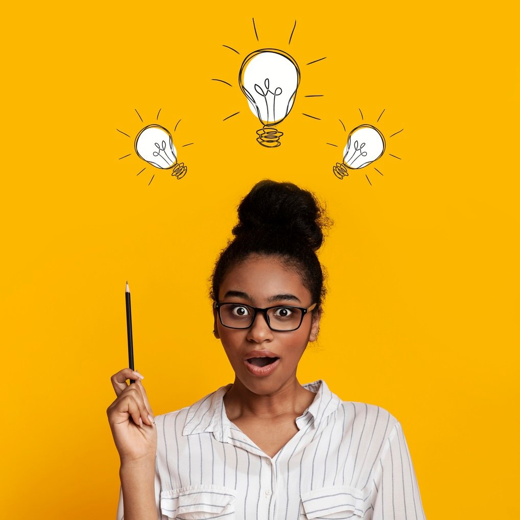genius problem solutions. collage with shocked black woman pointing up at light bulbs over her head, yellow background